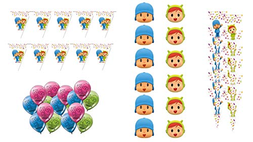 ALMACENESADAN 0769, Pack decoración Especial para Fiestas y cumpleaños Pocoyo y Nina; 6 caretas Pocoyo, 6 caretas Nina, 12 Conos Pocoyo y Nina, 16 Globos y 2 banderines (3 Metros Cada uno)