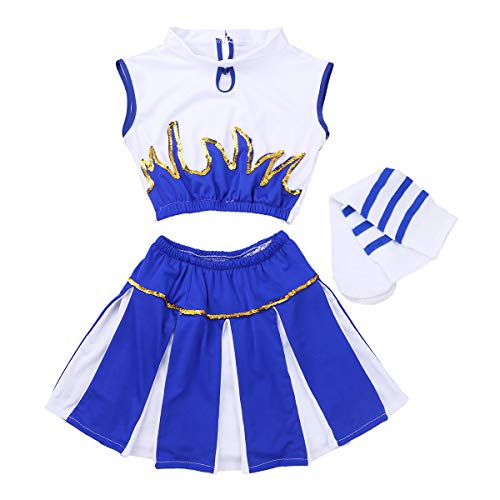 Alvivi Disfraz de Animadora para Niña 3Pcs Traje de Porrista Danza Chica Crop Top Sin Mangas+Falda Corta Plisada+Calcetínes Largos Disfraz de Fiesta Actuaciones Blanco&Azul 12-14 años