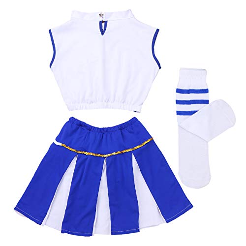 Alvivi Disfraz de Animadora para Niña 3Pcs Traje de Porrista Danza Chica Crop Top Sin Mangas+Falda Corta Plisada+Calcetínes Largos Disfraz de Fiesta Actuaciones Blanco&Azul 12-14 años