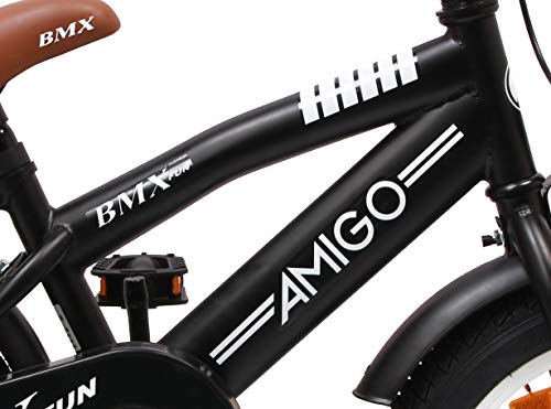 Amigo BMX Fun - Bicicleta Infantil de 14 Pulgadas - para niños de 3 a 4 años - con V-Brake, Freno de Retroceso, Timbre y ruedines - Negro Mate