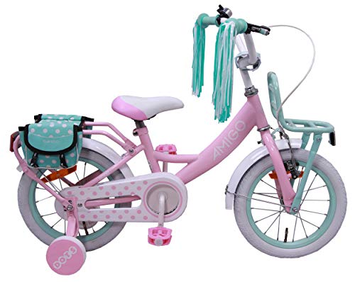 Amigo Dots - Bicicleta BMX de 12 Pulgadas - para niñas de 3 a 4 años - con V-Brake, Freno de Retroceso, portaequipajes Delantero, Timbre y ruedines - Rosa