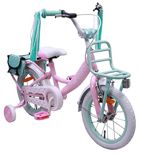 Amigo Dots - Bicicleta BMX de 12 Pulgadas - para niñas de 3 a 4 años - con V-Brake, Freno de Retroceso, portaequipajes Delantero, Timbre y ruedines - Rosa