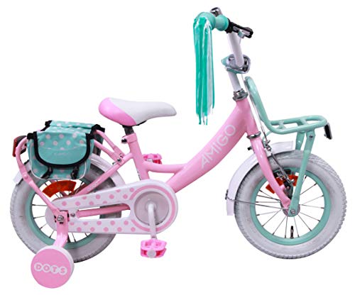 Amigo Dots - Bicicleta BMX de 12 Pulgadas - para niñas de 3 a 4 años - con V-Brake, Freno de Retroceso, portaequipajes Delantero, Timbre y ruedines - Rosa