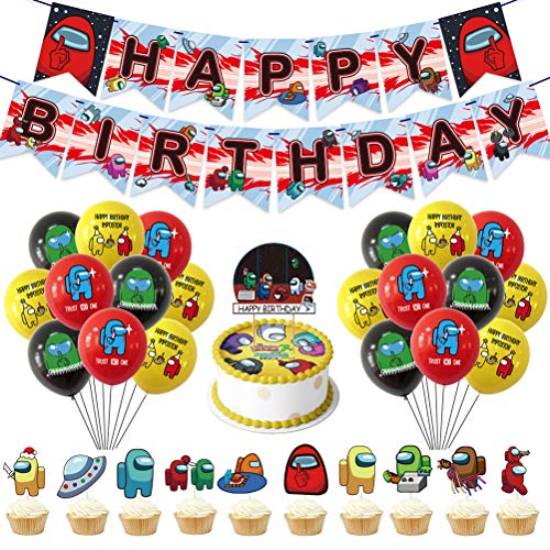 Among Us Party Supplies Juego de suministros para fiestas de cumpleaños para niños con pancartas de Globos de cumpleaños feliz decoración de tartas