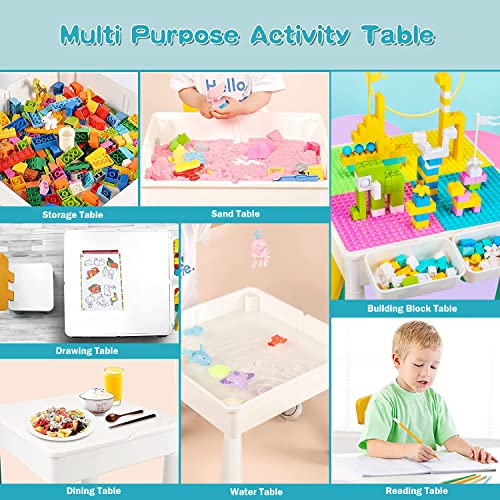 AMOSTING Mesa Infantil y Sillas de Colores, Mesa Actividades Ajustable en Altura 100 Piezas Bloques de Construcción para Jugar, Comer, Aprender, Almacenar, Hacer Arena