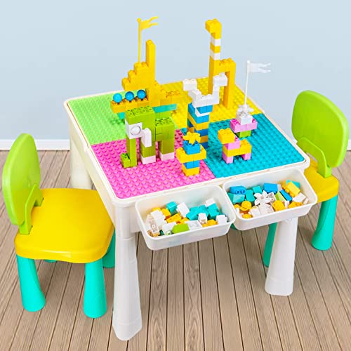 AMOSTING Mesa Infantil y Sillas de Colores, Mesa Actividades Ajustable en Altura 100 Piezas Bloques de Construcción para Jugar, Comer, Aprender, Almacenar, Hacer Arena