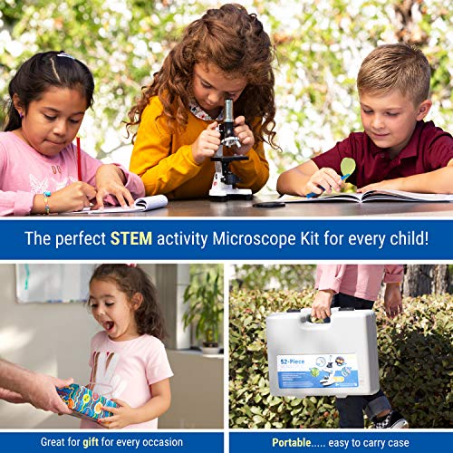 AmScope M30-ABS-KT2-W Beginner Microscope Kit, LED and Mirror Illumination, 300X, 600x, and 1200x Magnification, Includes 52-Piece Accessory Set and Case, White by AmScope