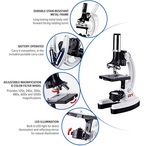 AmScope M30-ABS-KT2-W Beginner Microscope Kit, LED and Mirror Illumination, 300X, 600x, and 1200x Magnification, Includes 52-Piece Accessory Set and Case, White by AmScope