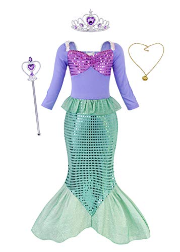 AmzBarley Disfraz sSirenita Niña Boda Fiesta Princesa Sirena Vestido Ropa Niña Cumpleaños Accesorios Cosplay Halloween Navidad Carnaval Bautizo 5-6 Años