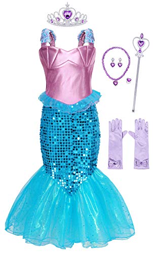 AmzBarley Pequeña Sirena, Traje de Disfraz para niñas de 5-6 años, con Accesorios para la Fiesta de Halloween, talla 120