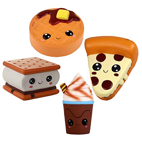 Anboor 4 Piezas Squishies Smore Waffle Cake Pizza Coffee Cup Kawaii Scented Soft Slow Rising Squeeze Stress Relief Kids Toy