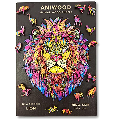 ANIWOOD Puzzle de Madera con Forma de Animal. Tapa troquelada a tamaño Real del Puzzle. Contiene Piezas únicas de Animales (Small, León)