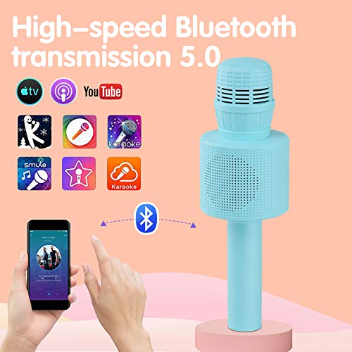 Ankuka Micrófono para niños, máquina de karaoke de mano con altavoz, micrófono inalámbrico Bluetooth karaoke, función dúo para doble diversión, voz mágica, juguete de música (Azul)