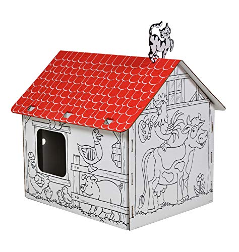 ANNAHOUSE Casa de cartón blanca con diseño creativo "Spielhaus Landschaft" con animales de uso y techo rojo para pinta, bricolaje, grande, 3 años