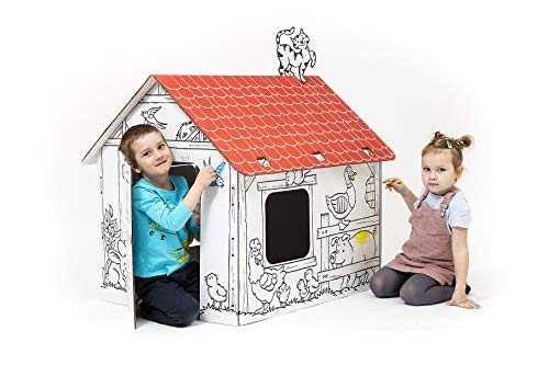 ANNAHOUSE Casa de cartón blanca con diseño creativo "Spielhaus Landschaft" con animales de uso y techo rojo para pinta, bricolaje, grande, 3 años