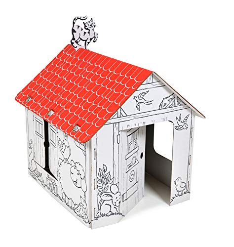 ANNAHOUSE Casa de cartón blanca con diseño creativo "Spielhaus Landschaft" con animales de uso y techo rojo para pinta, bricolaje, grande, 3 años