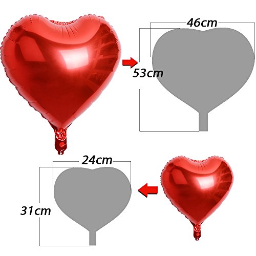 AONER 20 x Globos Metalicos de Corazón Rojo Helio para Boda y Fiesta 45cm 25cm (10pcs*10in + 10pcs*18in) con Cintas