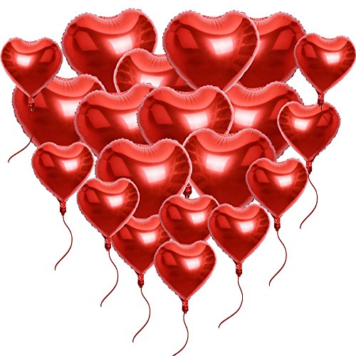 AONER 20 x Globos Metalicos de Corazón Rojo Helio para Boda y Fiesta 45cm 25cm (10pcs*10in + 10pcs*18in) con Cintas