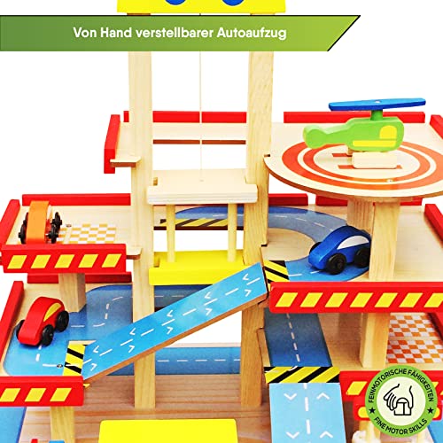 Aparcamiento para niños, garaje de aparcamiento con 3 niveles, ascensor, interruptor de ticket, túnel de lavado, gasolinera, 4 coches, helicópteros, juguete de madera a partir de 3 años