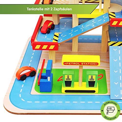 Aparcamiento para niños, garaje de aparcamiento con 3 niveles, ascensor, interruptor de ticket, túnel de lavado, gasolinera, 4 coches, helicópteros, juguete de madera a partir de 3 años