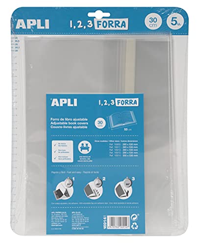 APLI 16914 - Forro de libros con solapa ajustable de polipropileno. Medida 30 x 53 cm, 75 µ. Pack de 5 u.