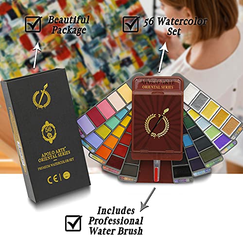 Apolo Arte Acuarelas Profesionales - Juego de Pinturas de Acuarela Premium | 56 Colores (Incluye Acuarelas Metalizadas) + Pincel Acuarela | Paleta Acuarela para Artistas