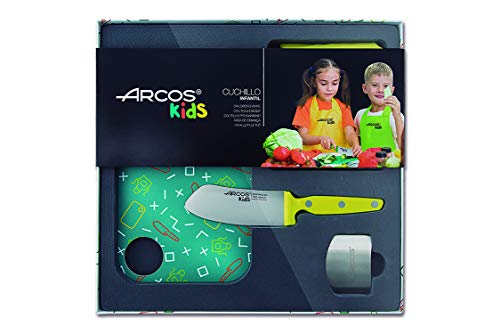 Arcos Kids, Juego de Cocina para niños, Cuchillo infantil + Delantal + Tabla de corte + Protector de dedos, Color Amarillo