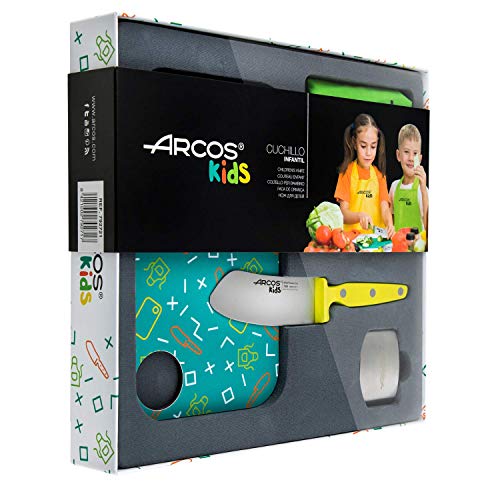 Arcos Kids, Juego de Cocina para niños, Cuchillo infantil + Delantal + Tabla de corte + Protector de dedos, Color Amarillo