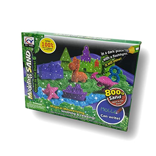 Arena mágica fosforescente para modelar. 800 gr. 2 Colores. con 6 moldes de Dinosaurios y 8 moldes de Animales Marinos. Incluye Pala, rastrillo y Bandeja de Juego Hinchable.