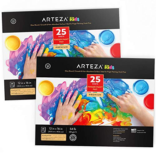 Arteza Blocs de papel de pintura de dedos para niños, (30,5 x 40,6 cm), 70 gsm, pack de 2 blocs encolados, 25 hojas por cuaderno, 50 en total, papel satinado para pintar con las manos y medios mixtos