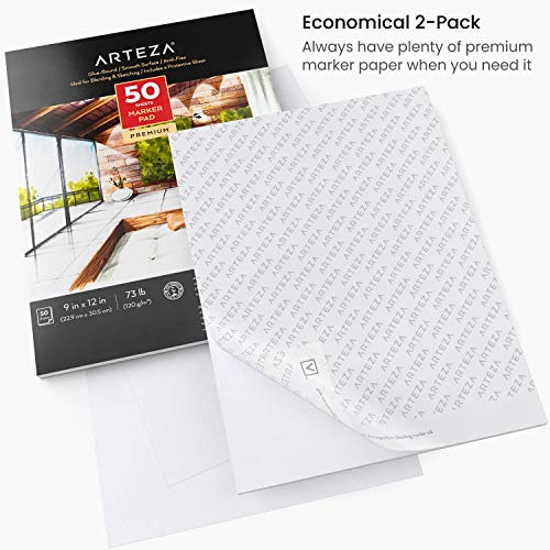 Arteza Blocs Papel de Rotulador, pack de 2, tamaño 9x12" (22,9x30,5 cm), 50 hojas, encuadernación con cola, papel liso para rotuladores de alcohol o pigmentos, para dibujar, bocetar, colorear, rotular