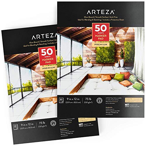 Arteza Blocs Papel de Rotulador, pack de 2, tamaño 9x12" (22,9x30,5 cm), 50 hojas, encuadernación con cola, papel liso para rotuladores de alcohol o pigmentos, para dibujar, bocetar, colorear, rotular