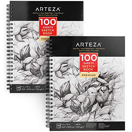 Arteza Cuadernos de dibujo | Pack de 2 blocs en espiral de doble anilla | 100 hojas cada uno | Papel grueso para bocetos | Tamaño 22,9 x 30,5 cm | Grosor 100 gsm | Sin ácidos | Blanco brillante