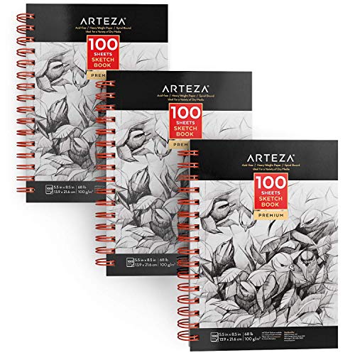 Arteza Cuadernos de dibujo, Pack de 3 blocs en espiral de doble anilla, 100 hojas cada uno, Papel grueso blanco para bocetos, Tamaño 13,9 x 21,6 cm, 100 gsm, Sin ácidos, Para artístas y aficionados