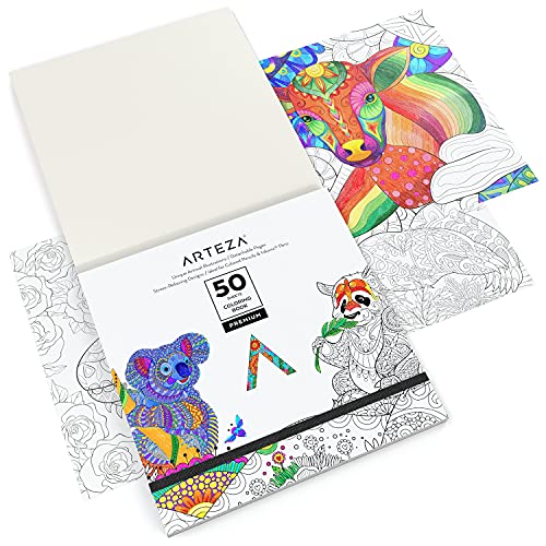 Arteza Libro de Colorear Adultos con Diseños de Animales [23x23 cm], 50 Imágenes Originales Diferentes a Una Sola Cara, Libro de Colorear Relajante y Antiestrés