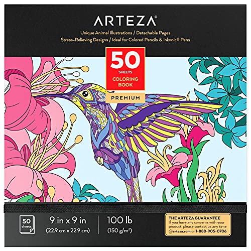 Arteza Libro de Colorear Adultos con Diseños de Animales [23x23 cm], 50 Imágenes Originales Diferentes a Una Sola Cara, Libro de Colorear Relajante y Antiestrés