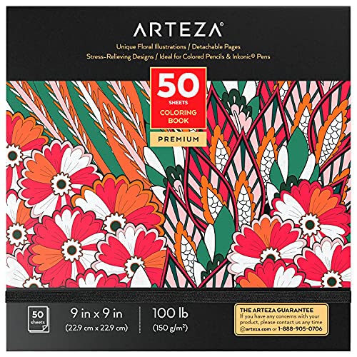 Arteza Libro de Colorear Adultos con Diseños Florales [23x23 cm], 50 Imágenes Originales Diferentes a Una Sola Cara, Libro de Colorear Relajante y Antiestrés