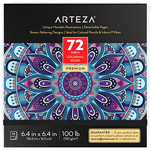 Arteza Libro de colorear mandalas para adultos, 6.4x6.4" (16,3x16,3 cm), 72 páginas extraíbles, papel de 150 gsm, contornos negros, alivia el estrés coloreando, para hombres y mujeres