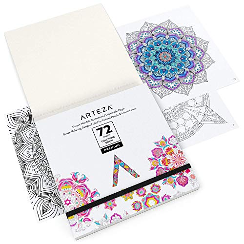 Arteza Libro de colorear mandalas para adultos, 6.4x6.4" (16,3x16,3 cm), 72 páginas extraíbles, papel de 150 gsm, contornos negros, alivia el estrés coloreando, para hombres y mujeres