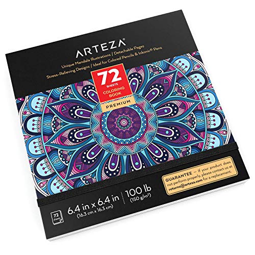 Arteza Libro de colorear mandalas para adultos, 6.4x6.4" (16,3x16,3 cm), 72 páginas extraíbles, papel de 150 gsm, contornos negros, alivia el estrés coloreando, para hombres y mujeres