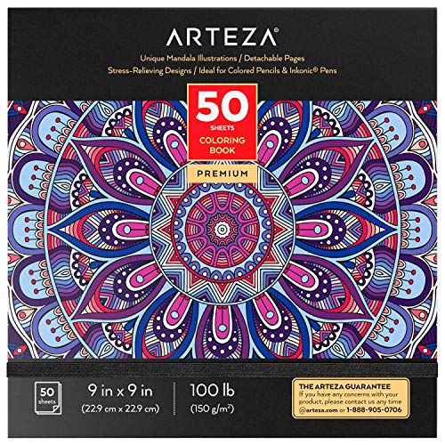 Arteza Libro para Colorear Mandalas [23x23 cm], Diseños de Mandalas, Libro de Colorear para Adultos, Relajación y Alivio del Estrés con 50 Imágenes Diferentes