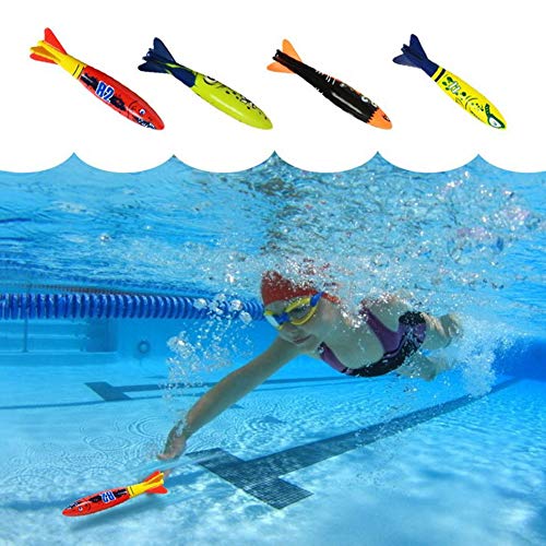 ASFD 4 unids/set buceo torpedo submarino piscina jugar juguete al aire libre deporte entrenamiento herramienta para bebé niños natación juguete, rojo y verde y negro y amarillo,