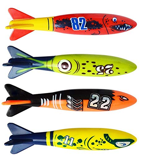 ASFD 4 unids/set buceo torpedo submarino piscina jugar juguete al aire libre deporte entrenamiento herramienta para bebé niños natación juguete, rojo y verde y negro y amarillo,