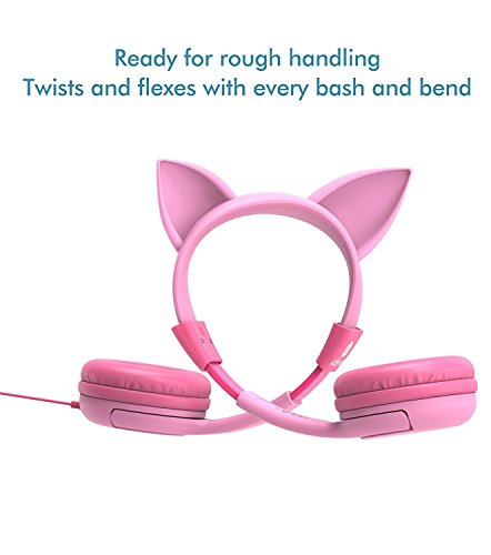 Auriculares para niños, iClever Volumen Limitado Cascos para niños sobre el oído Auriculares para bebés con diseño estéreo Ajustable Cat para Phone Tablets PC MP3, Regalos para niña, Rosa