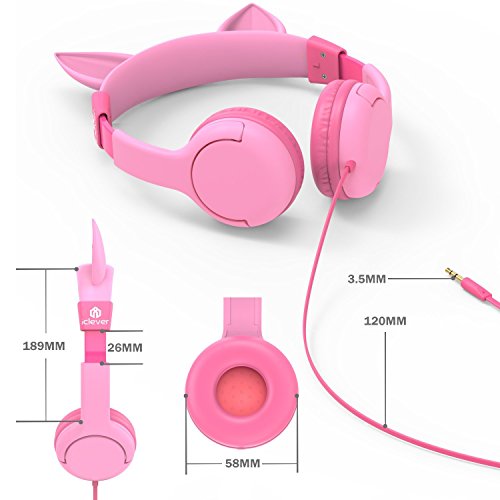 Auriculares para niños, iClever Volumen Limitado Cascos para niños sobre el oído Auriculares para bebés con diseño estéreo Ajustable Cat para Phone Tablets PC MP3, Regalos para niña, Rosa