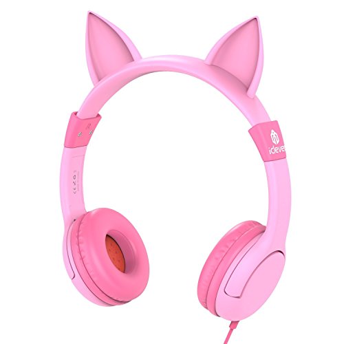 Auriculares para niños, iClever Volumen Limitado Cascos para niños sobre el oído Auriculares para bebés con diseño estéreo Ajustable Cat para Phone Tablets PC MP3, Regalos para niña, Rosa