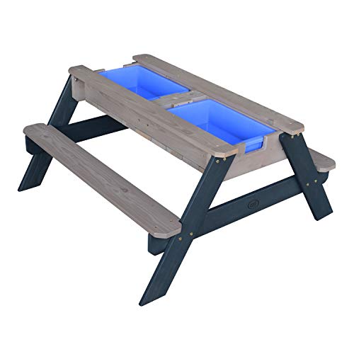 AXI Nick Niños Arena & Agua Picnic de madera | Mesa de juegos de agua & Sandtisch con tapa y contenedores | Kindertisch / barro en gris con sombrilla para el jardín