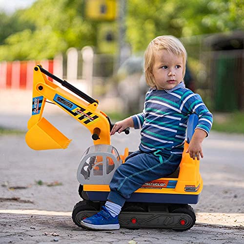 AYNEFY Excavadora de juguete para niños, con asiento y casco, robusta pala, excavadora para orugas, excavadora de arena, vehículo regalo para niños y niñas, amarillo y negro