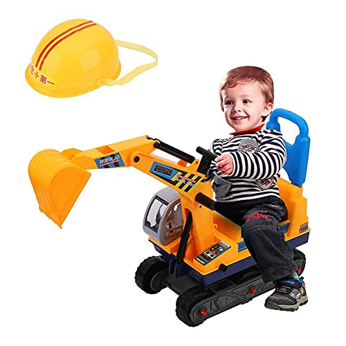 AYNEFY Excavadora de juguete para niños, con asiento y casco, robusta pala, excavadora para orugas, excavadora de arena, vehículo regalo para niños y niñas, amarillo y negro