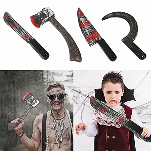 Baalaa 4 Piezas de PláStico para Halloween, Accesorios Sangrientos Falsos, Arma, Cuchillo, Hacha, Cuchilla Afilada, Hoz, Juego de rol, Juguete de Terror, Fiesta de Halloween DIY